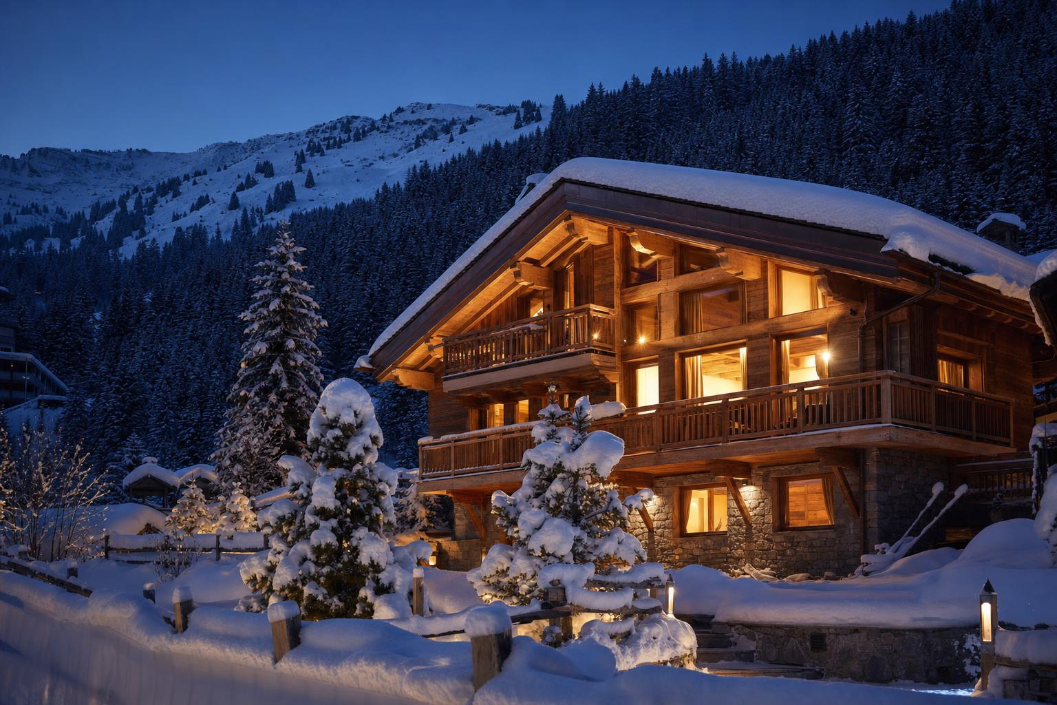 Baita alpina illuminata al tramonto con neve fresca, abeti e finestre calde