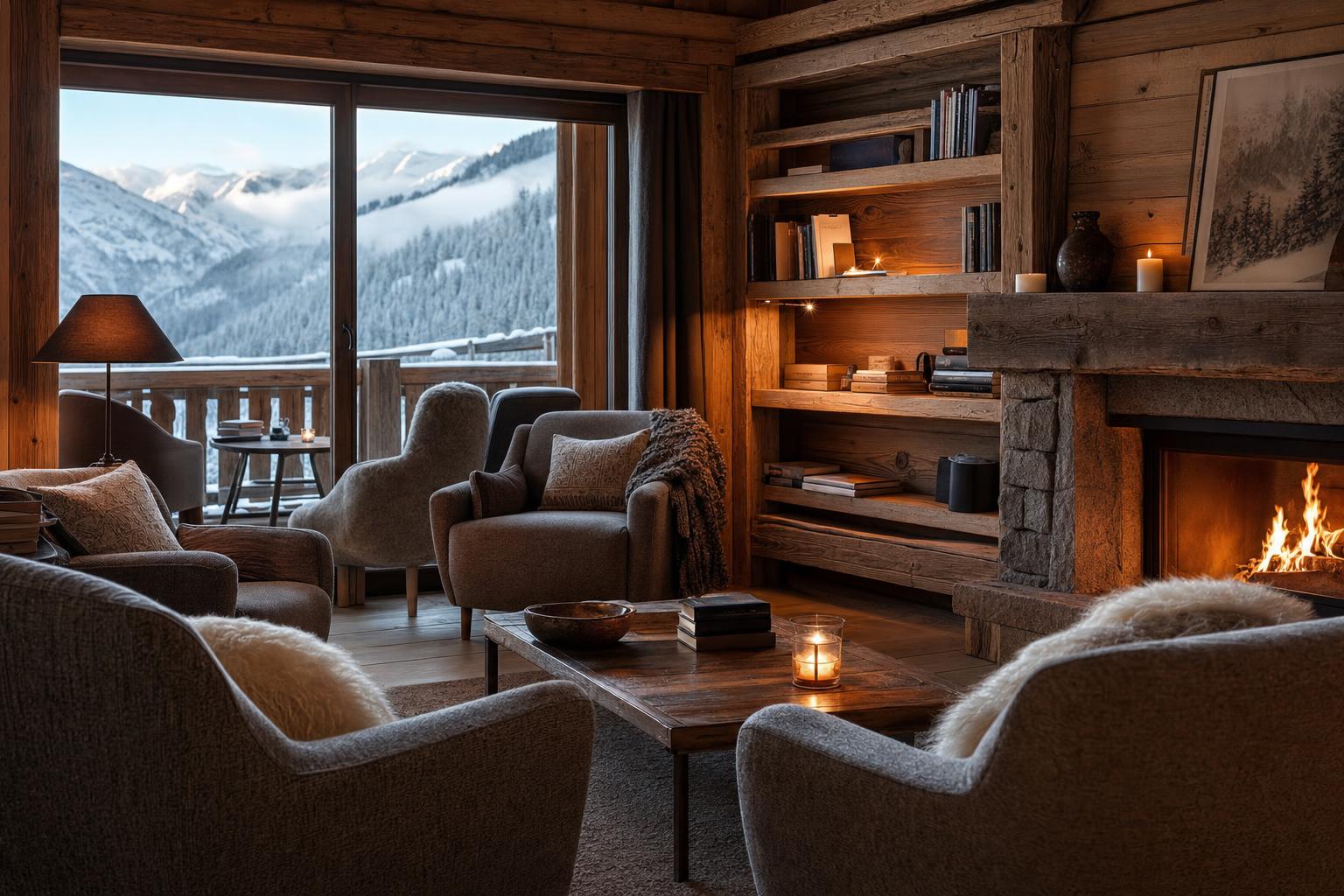 Lounge di una baita con camino acceso, poltrone morbide e atmosfera serale