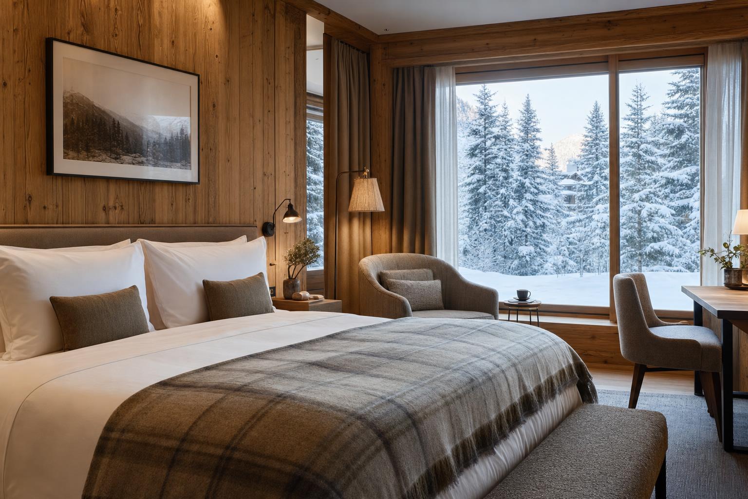Suite in legno con letto soffice, finestra panoramica e luce calda da baita